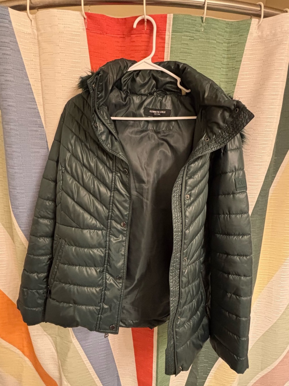 Kenneth Cole green puffer jacket with fur lined hood
